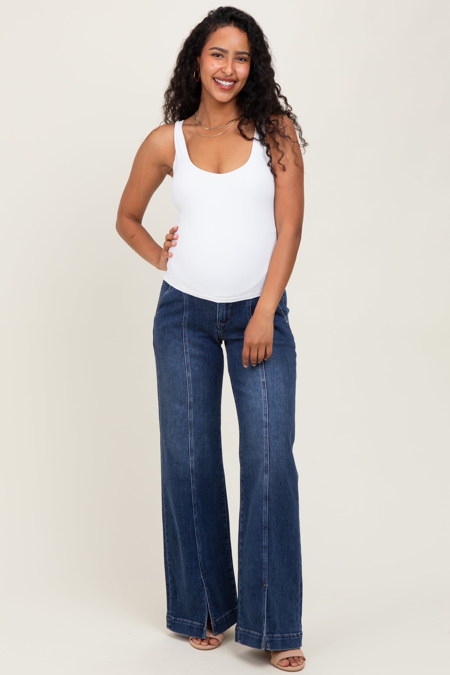 Navy Blue Front Seam Slit Wide Leg Maternity Jeans