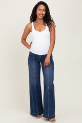 Navy Blue Front Seam Slit Wide Leg Maternity Jeans