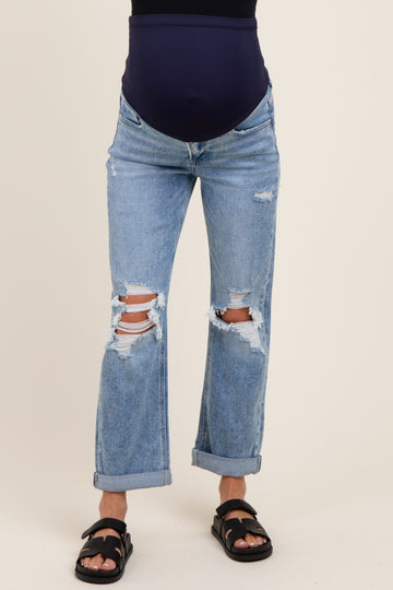 Light Blue Ripped Knee Rolled Cuff Straight Leg Maternity Jeans