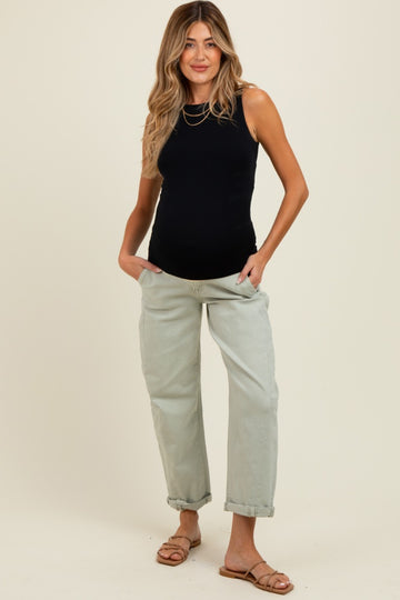 Light Olive Rolled Cuff Barrel Leg Maternity Jeans