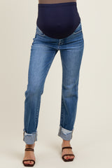Blue Distressed Cuff Straight Leg Maternity Jeans