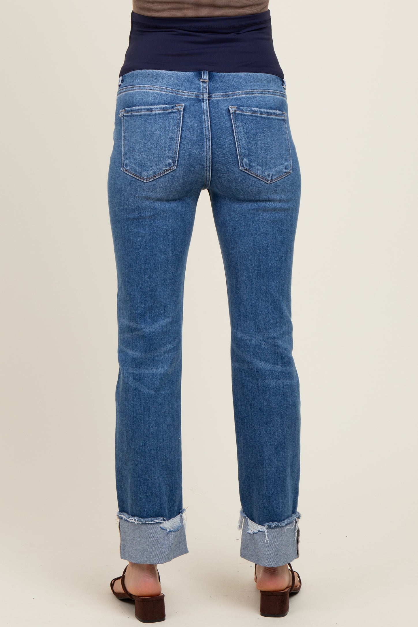 Blue Distressed Cuff Straight Leg Maternity Jeans