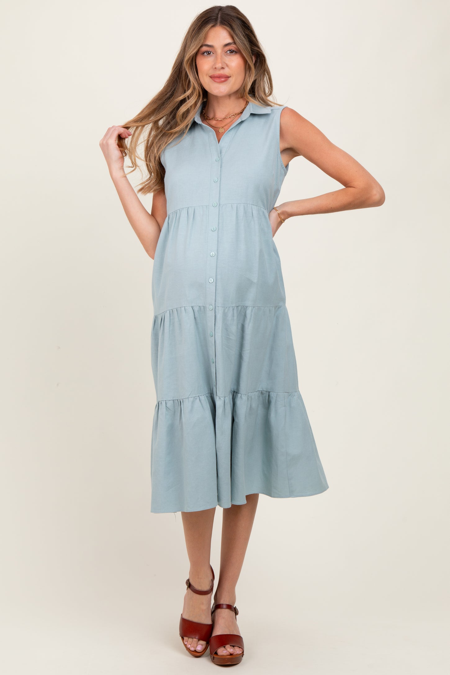 Light Olive Tiered Sleeveless Maternity Midi Shirt Dress