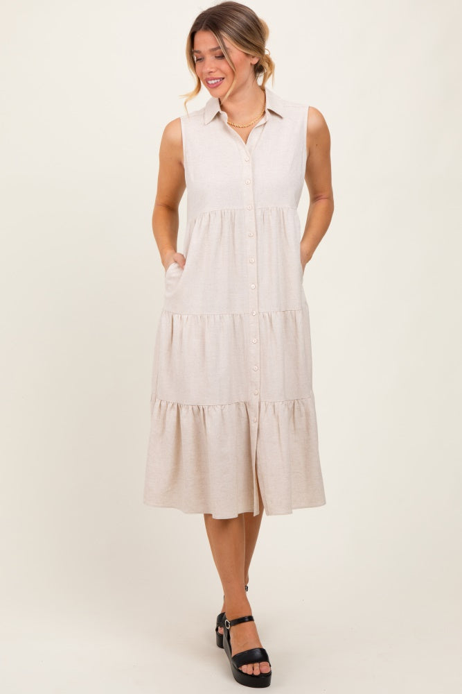 Cream Tiered Sleeveless Midi Shirt Dress