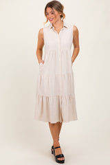 Cream Tiered Sleeveless Midi Shirt Dress