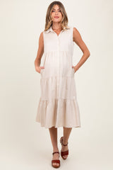 Cream Tiered Sleeveless Maternity Midi Shirt Dress