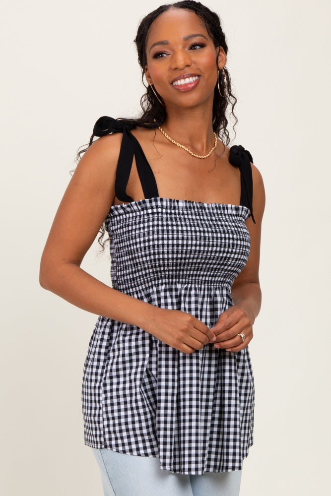 Black Gingham Smocked Shoulder Tie Maternity Top