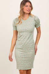 Light Olive Floral Ribbed Puff Sleeve Fitted Dress