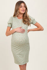 Light Olive Floral Ribbed Puff Sleeve Maternity Fitted Dress