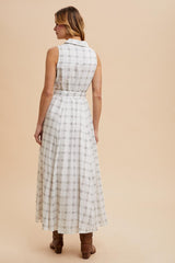 White Plaid Sleeveless Sash Tie Shirt Dress