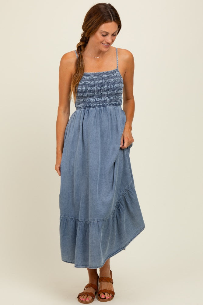 Blue Chambray Smocked Midi Dress
