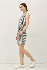 Navy Striped Sleeveless Side Tie Mini Dress
