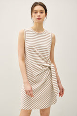 Light Taupe Striped Sleeveless Side Tie Mini Dress
