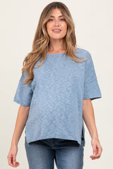 Blue Knit Drop Shoulder Short Sleeve Maternity Top