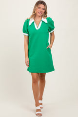 Green Textured Knit Contrast Collar Mini Dress