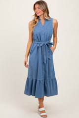 Blue Chambray Sleeveless Sash Tie Shirt Dress