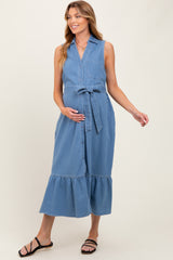 Blue Chambray Sleeveless Sash Tie Maternity Shirt Dress