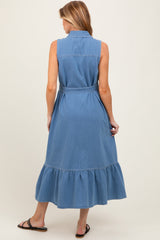 Blue Chambray Sleeveless Sash Tie Maternity Shirt Dress