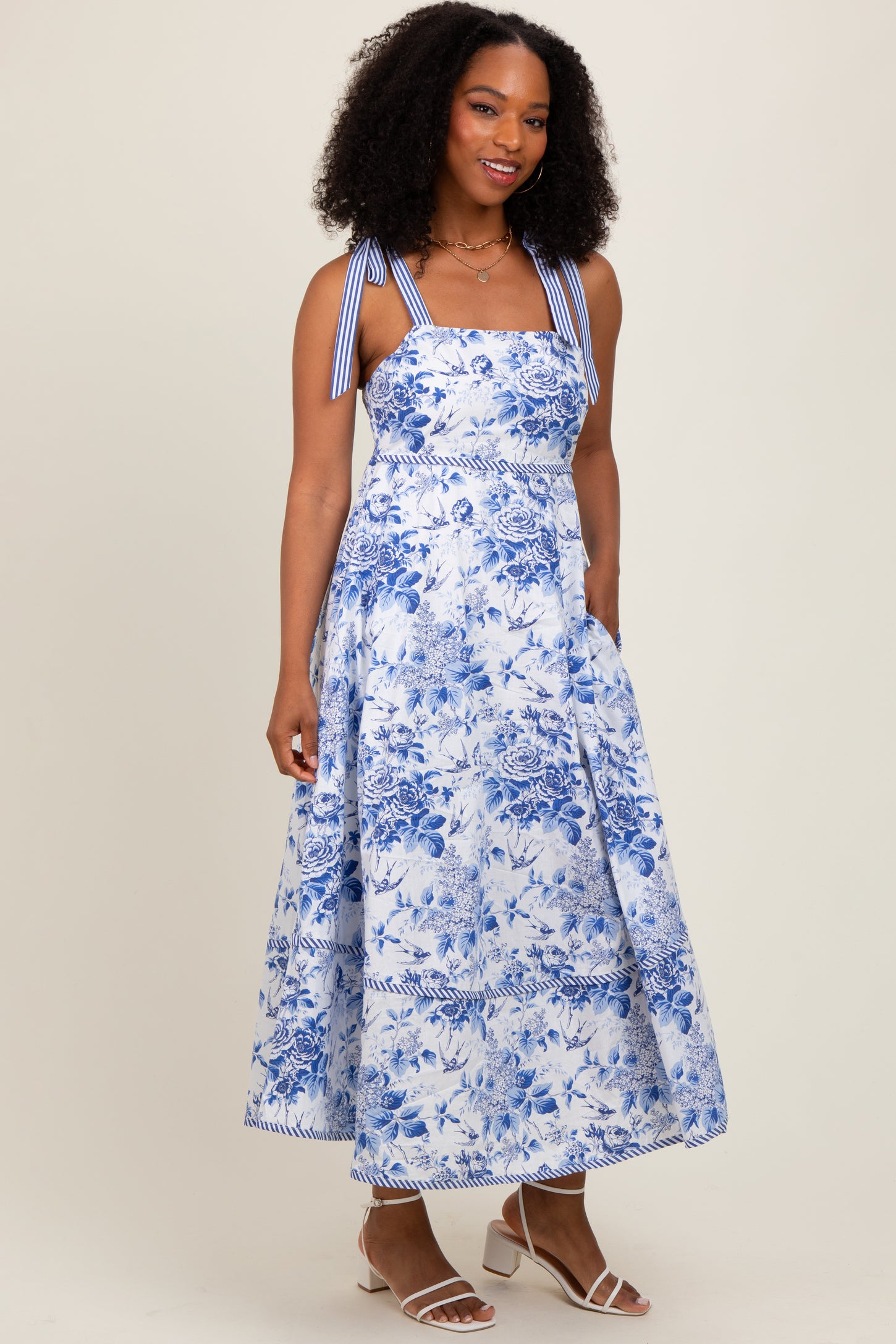 Blue Floral Shoulder Tie Striped Trim Midi Dress