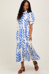 Blue Leaf Print Scallop Trim Maternity Midi Shirt Dress