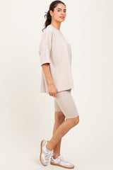 Beige Oversized Short Sleeve Biker Short Set