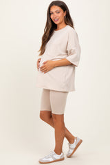 Beige Oversized Short Sleeve Biker Short Maternity Set