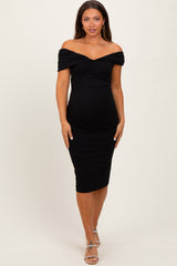 Black Off Shoulder Fitted Maternity Midi Dress