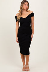 Black Off Shoulder Fitted Midi Dress