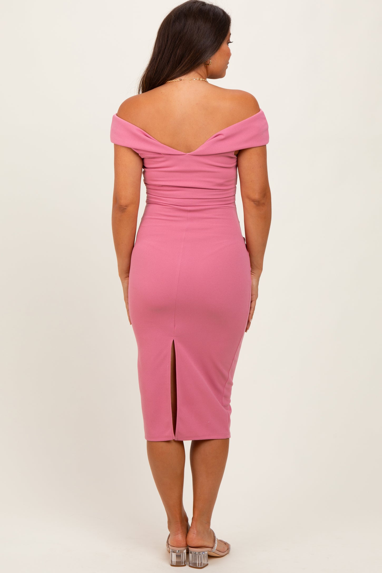 Mauve Off Shoulder Fitted Maternity Midi Dress