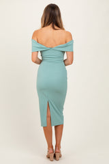Light Olive Off Shoulder Fitted Midi Dress
