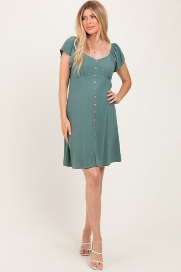 Olive Flutter Sleeve Button Accent Maternity Dress