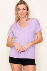 Lavender Knit Stitch Accent Short Sleeve Top