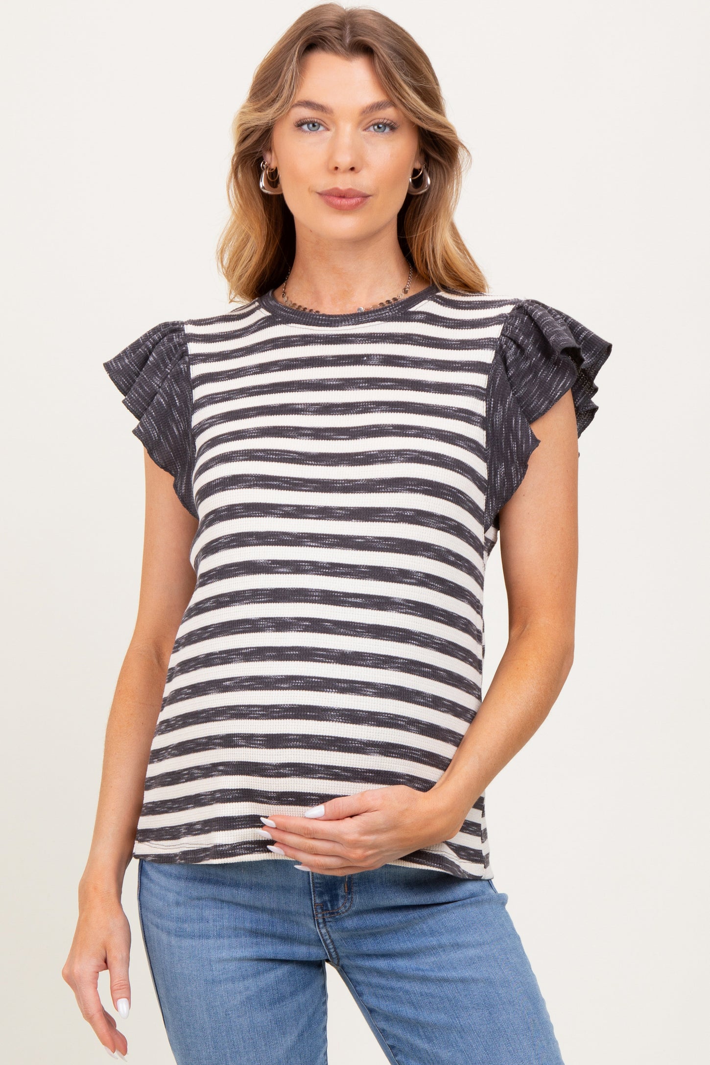 Charcoal Ribbed Striped Flutter Sleeve Maternity Top