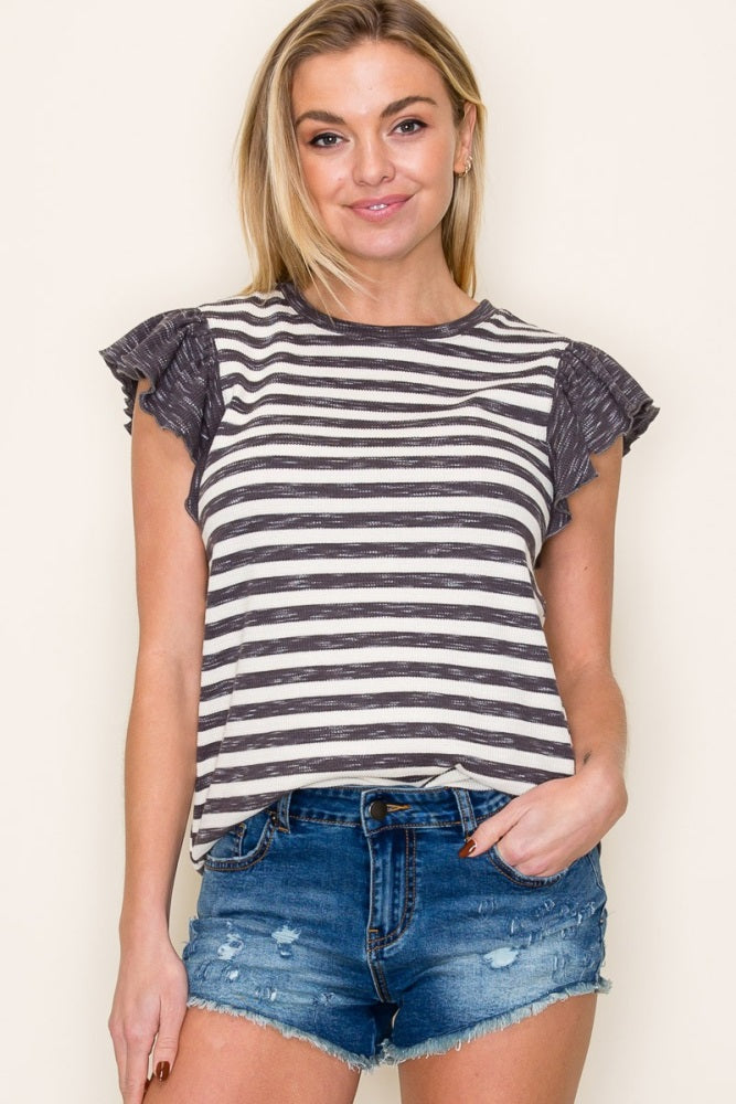 Charcoal Ribbed Striped Flutter Sleeve Top