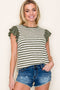 Olive Ribbed Striped Flutter Sleeve Top