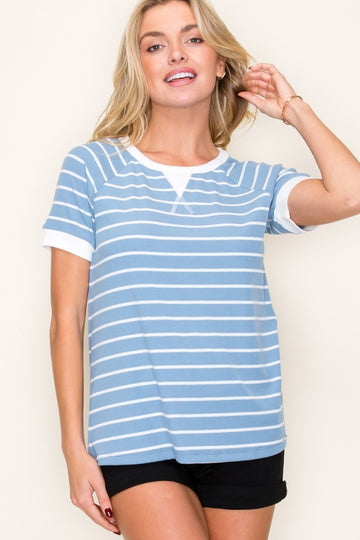 Blue Striped Contrast Border Top
