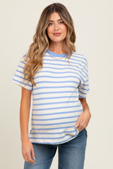 Blue Striped Terry Maternity Short Sleeve Top
