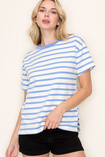 Blue Striped Terry Short Sleeve Top
