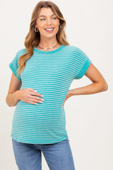 Green Striped Terry Maternity Short Sleeve Top