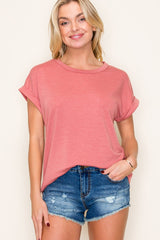 Light Coral Rolled Cuff Short Sleeve Top