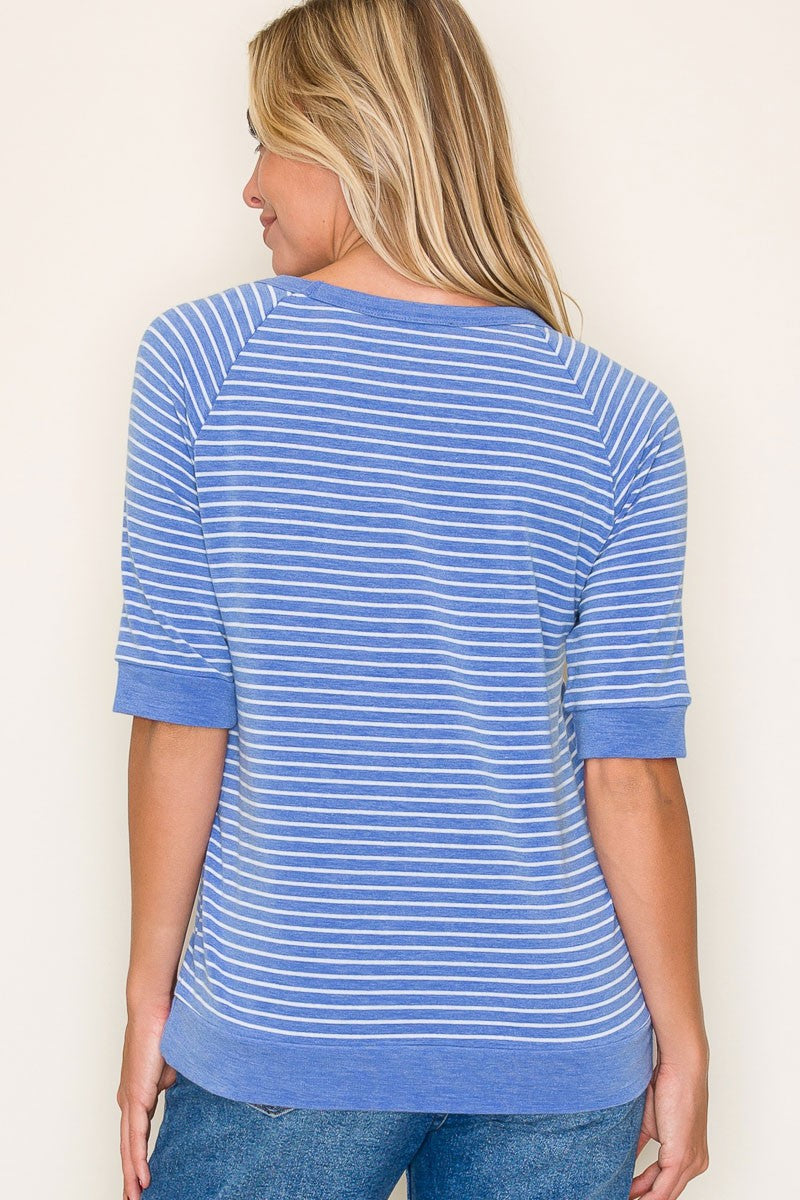 Blue Terry Striped Raglan Sleeve Top