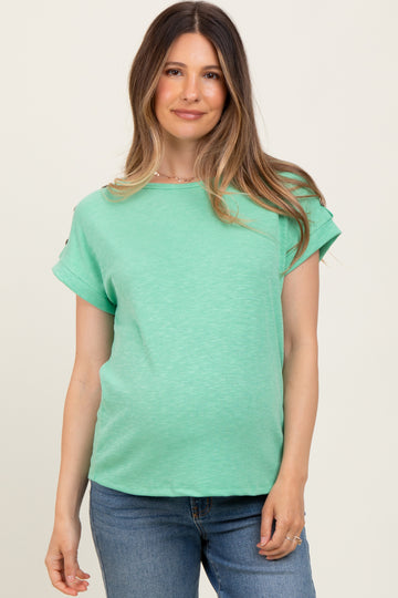 Green Button Shoulder Detail Maternity Short Sleeve Top