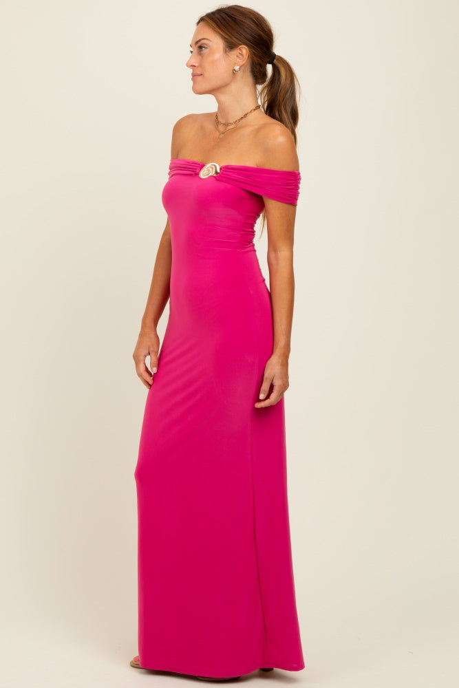 Fuchsia Off Shoulder Seashell Pendant Maxi Dress
