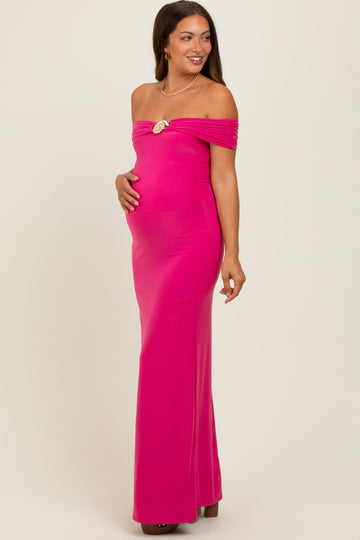 Fuchsia Off Shoulder Seashell Pendant Maternity Maxi Dress