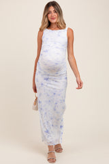 Ivory Floral Ruched Side Slit Maternity Midi Dress
