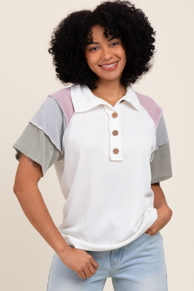 Ivory Solid Ribbed Color Block Button Down Short Sleeve Maternity Top