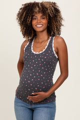 Charcoal Ditzy Floral Ribbed Sleeveless Lace Trim Maternity Tank Top