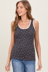 Charcoal Ditzy Floral Ribbed Sleeveless Lace Trim Maternity Tank Top