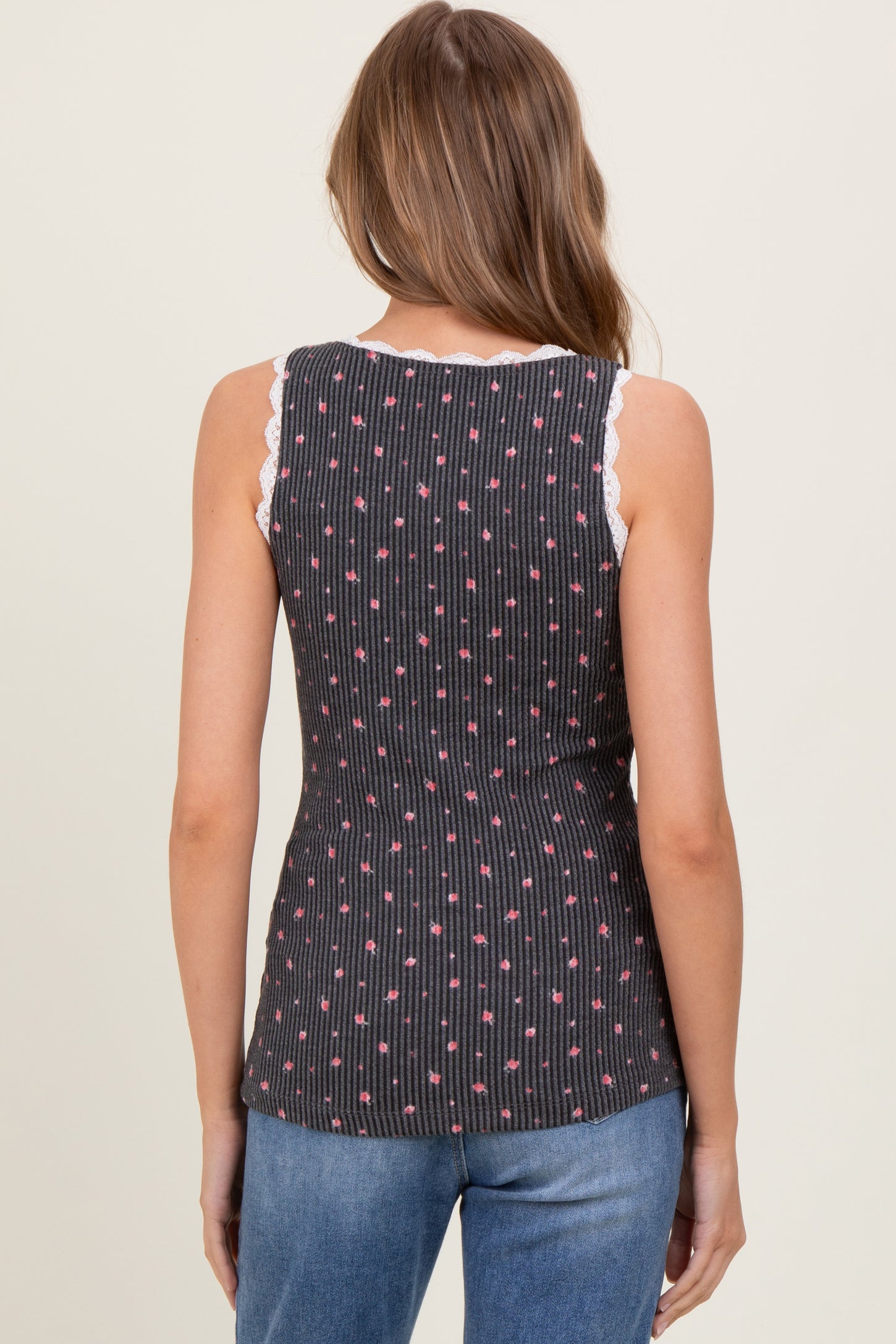 Charcoal Ditzy Floral Ribbed Sleeveless Lace Trim Tank Top