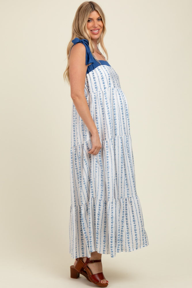 Blue/White Ditzy Floral Sleeveless Tiered Maternity Maxi Dress